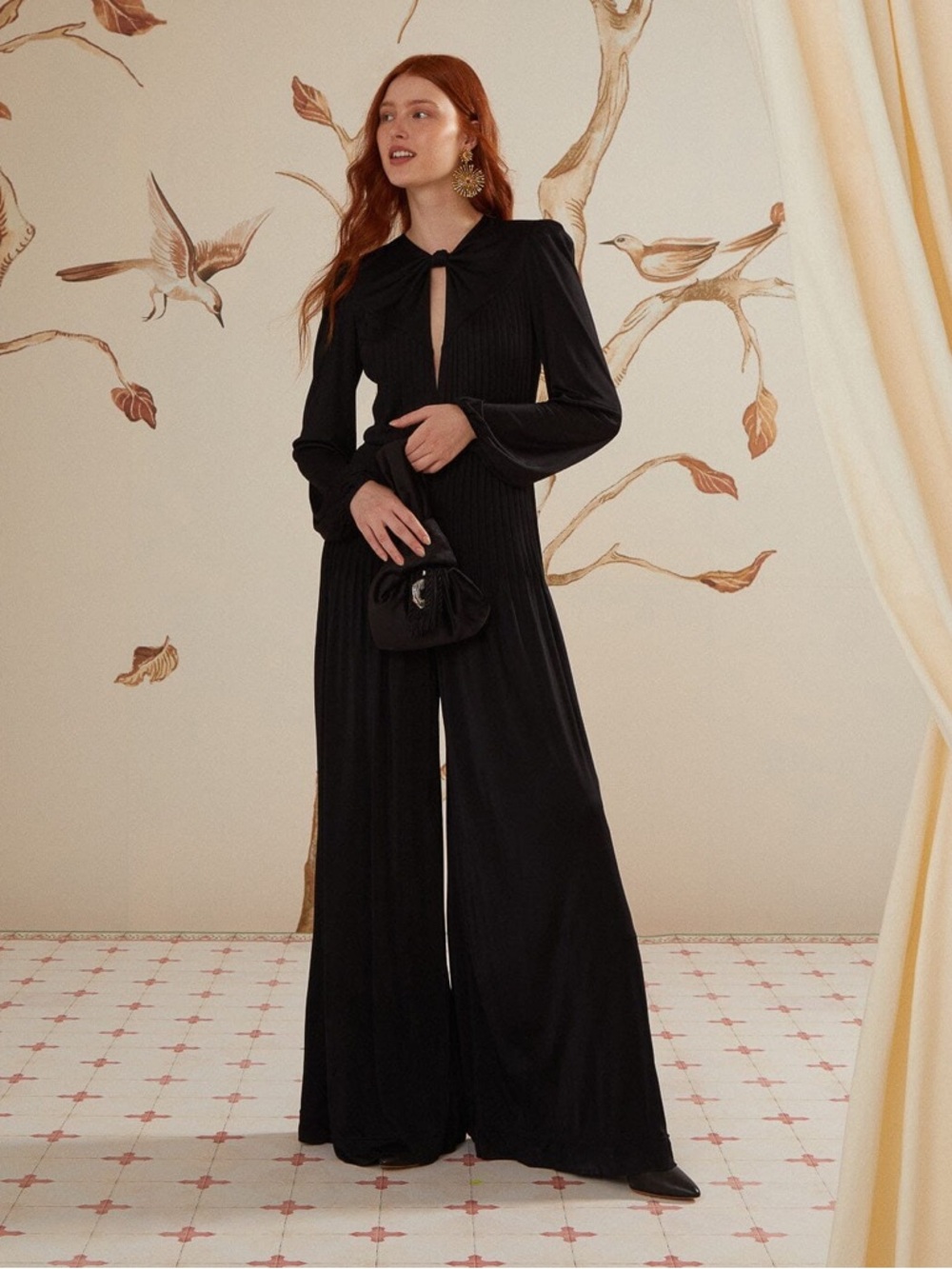 NEW w TAGS FARM Rio Black Long Sleeve Knot Jumpsuit Sz M $298 Palazzo Pleated